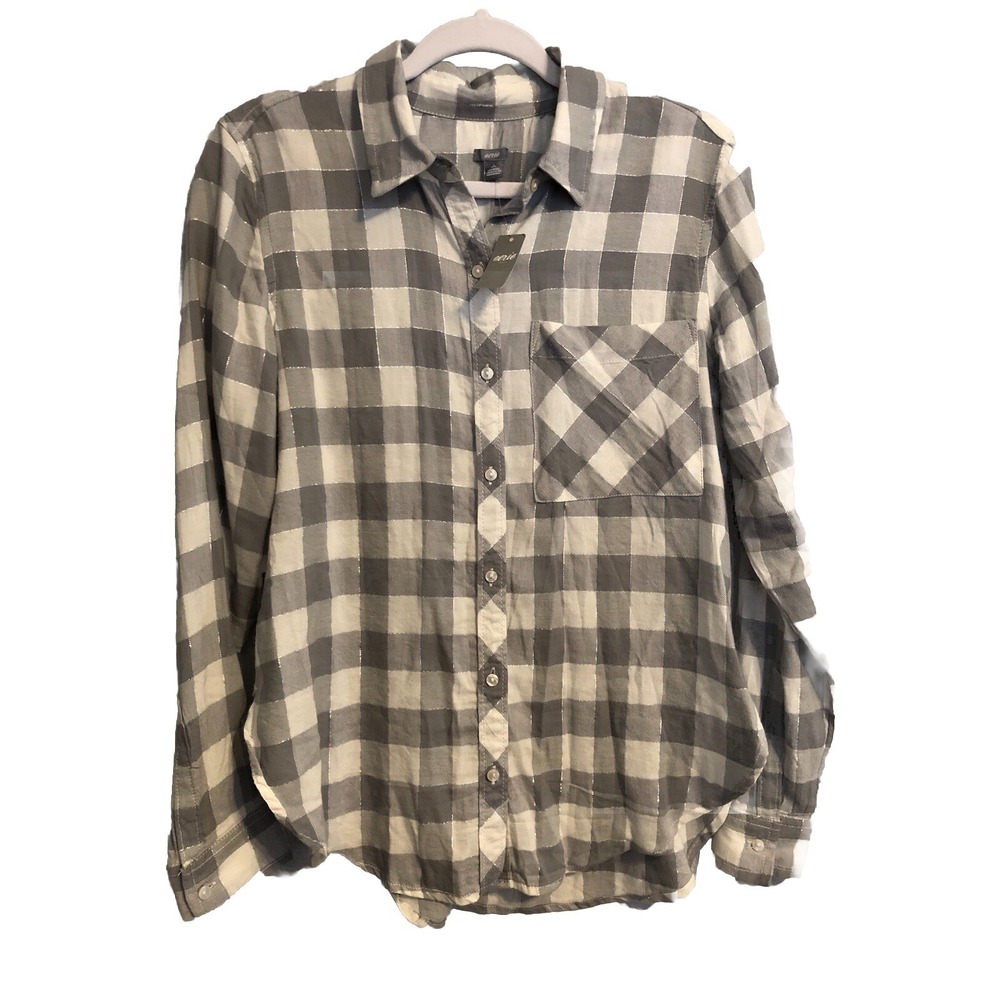Aerie Womens Shirt Small Gray Grey White Plaid Button Up Long Sleeve Top Cottage